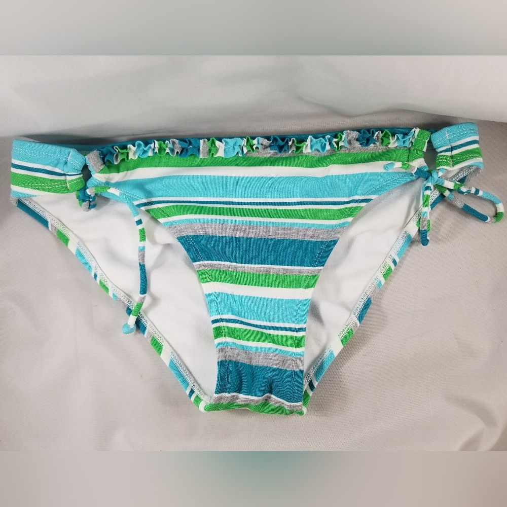 Hobie Bikini Bottom Large Stripes Ruffle White Green Blue